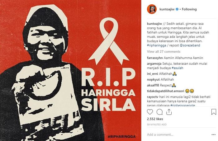 postingan Kunto Aji tentang Harlingga Sirla, suporter Persija yang tewas dikeroyok suporter Persib