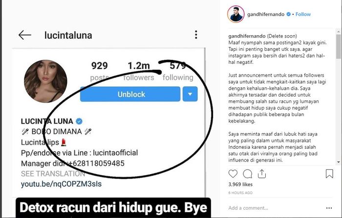 Gandhi Fernando memblokir akun Instagram Lucinta Luna