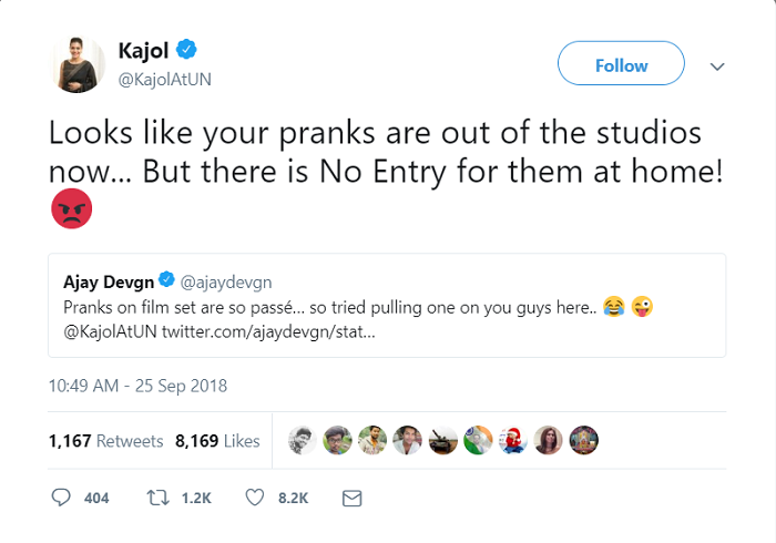 Kajol membalas cuitan twitter Ajay Devgn