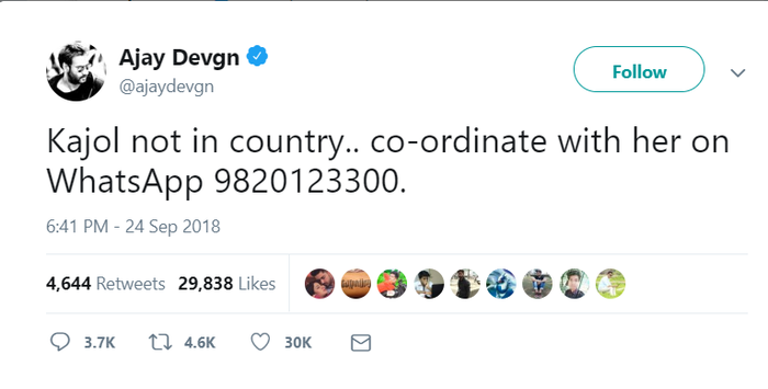 Ajay Devgn membagikan nomor whatsapp Kajol di twitter