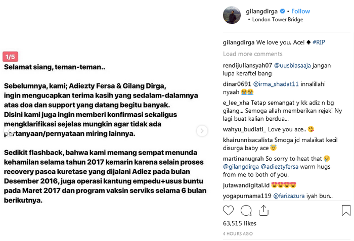Unggahan <a href='https://manado.tribunnews.com/tag/gilang-dirga' title='Gilang Dirga'>Gilang Dirga</a> terkait kegugurannya Adiezty