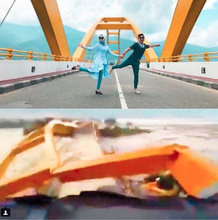 Arie Untung dan Fenita Arie sempat foto di atas jembatan Ponulele, Sulawesi Tengah.