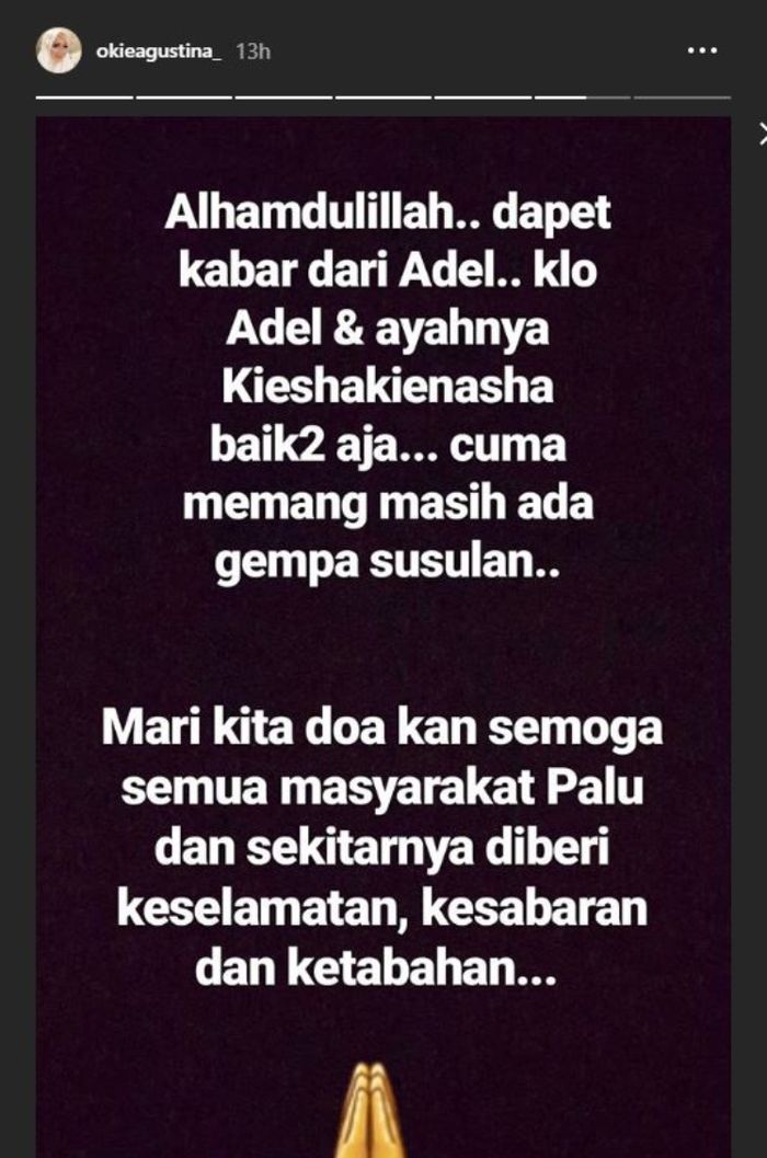 Okie Agustina mendapat kabar baik pasca gempa di Palu dari Adelia Wilhelmina