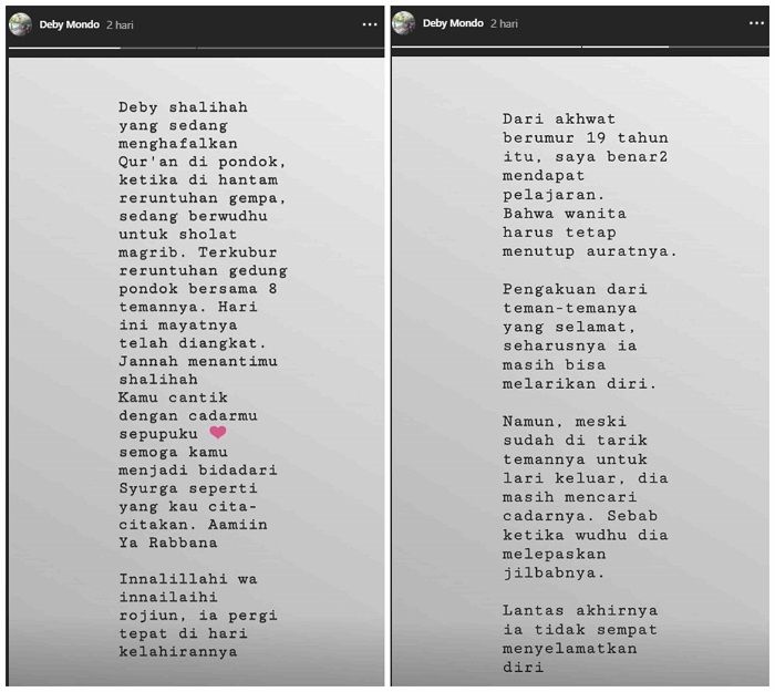 Unggahan sepupu Deby Fatimah Mondo