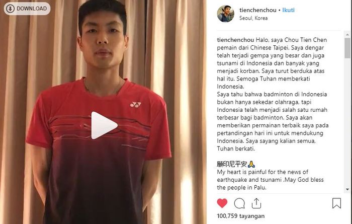 Chou Tien Chen persembahkan juara Korea Open untuk <a href='https://jabar.tribunnews.com/tag/korban' title='korban'>korban</a> gempa di Palu. 