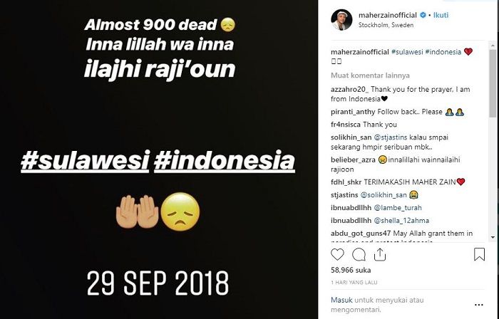 Ucapan duka untuk korban gempa Palu dari Maher Zain