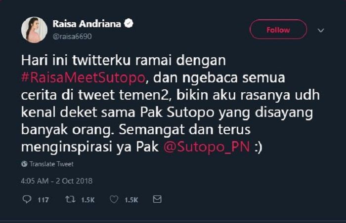 Tanggapan Raisa atas inisiatif #RaisaMeetSutopo
