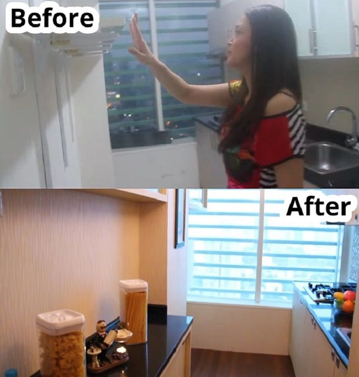 Tampilan dapur Maia sebelum dan setelah direnovasi.