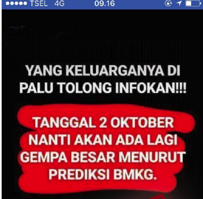 Hoaks 2 Oktober 2018 gempa susulan