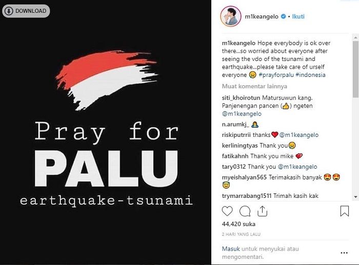 Ucapan duka untuk korban gempa Palu dari Mike D'Angelo