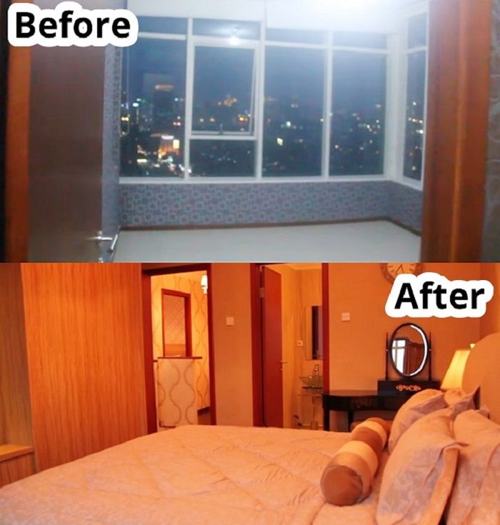 Tampilan salah satu kamar di apartemen Maia sebelum dan setelah direnovasi.