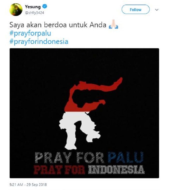  Ucapan duka untuk korban gempa Palu dari Yesung Super Junior