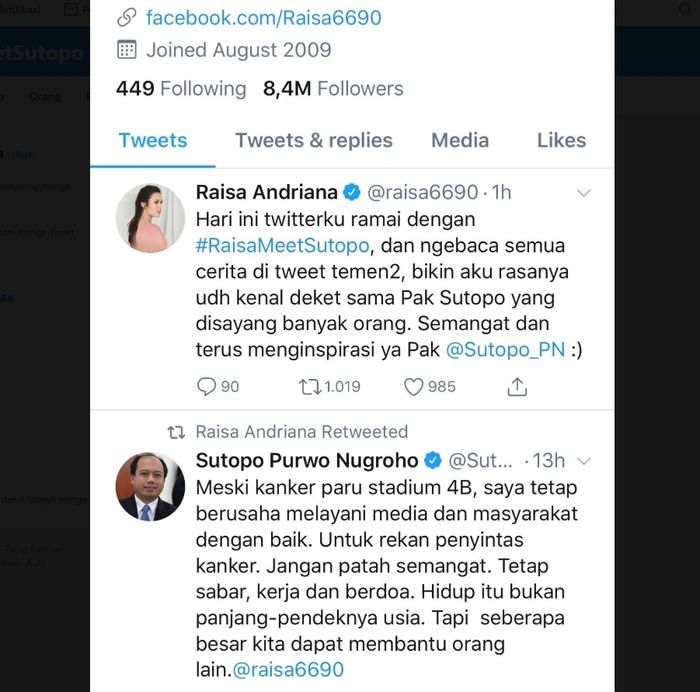 semua cuitan Sutopo selama ini akhirnya mendapat balasan oleh Raisa