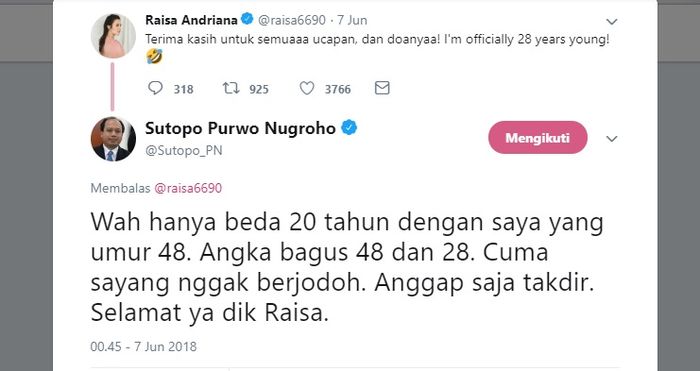 Sutopo memberi ucapan selamat ke Raisa saat ulang tahun Raisa ke-28