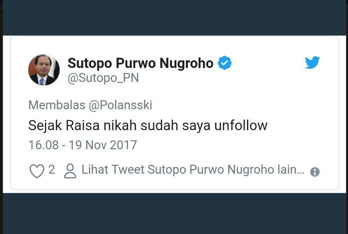 Sutopo berhenti mengikuti Raisa sejak Raisa menikah