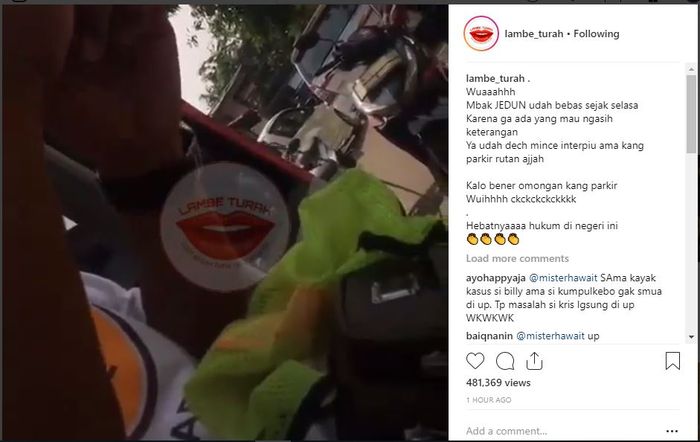 Pernyataan salah satu tukang parkir yang menyatakan jika Jennifer Dunn sudah bebas @lambe_turah