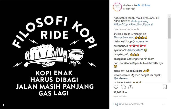 Unggahan Rio Dewanto di instagram tentang falsafah kopi