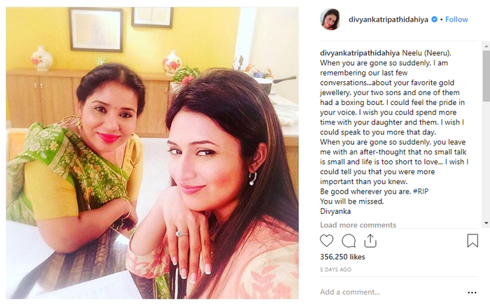 Divynka ucapkan rasa kehilangan atas meninggalnya Neeru Agarwal (Instagram/divyankatripathidahiya)