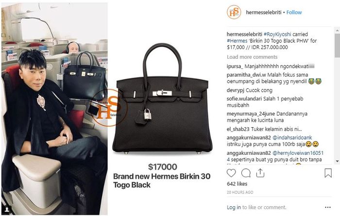Unggahan akun Instagram hermesselebritis yang menampilkan harga tas Hermes milik Roy Kiyoshi