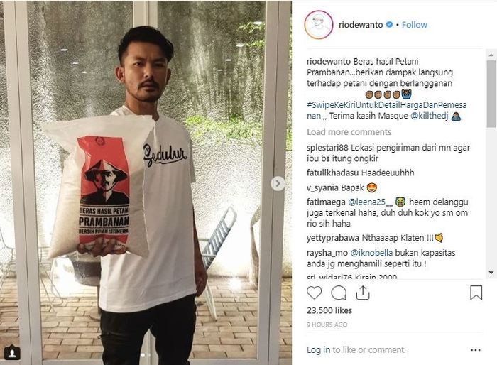 Unggahan Rio Dewanto tentang beas hasil petani Prambanan.