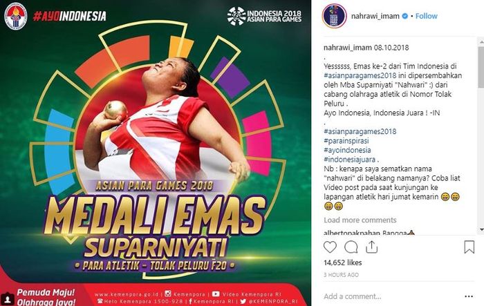 Imam Nahrawi umumkan perolehan medali emas Asian Para Games 2018 cabang tolak peluru, Suparni