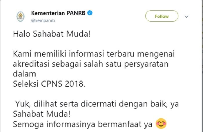 Unggahan Kemenpan RB mengenai perubahan Syarat CPNS 2018 terkait dengan akreditasi calon pelamar.
