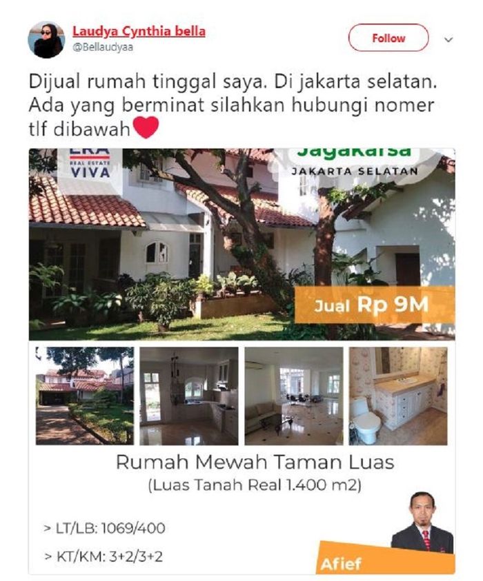 Laudya Cynthia Bella menjual rumah mewahnya di kawasan Jagakarsa, Jakarta Selatan.