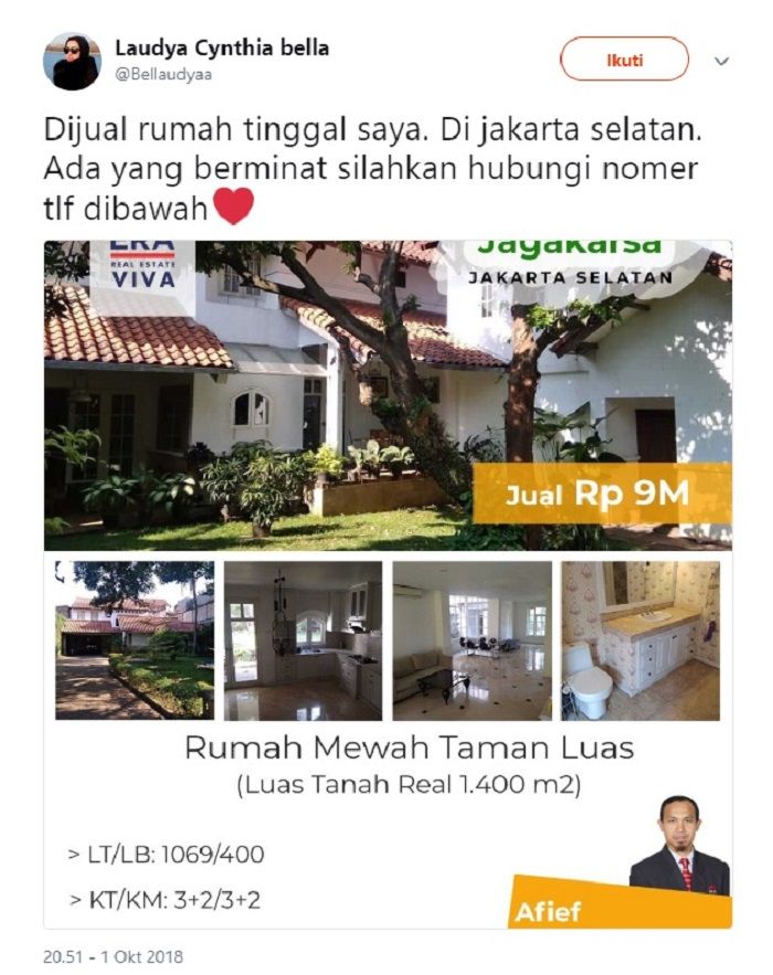 Rumah Laudya Cynthia Bella yang dijual