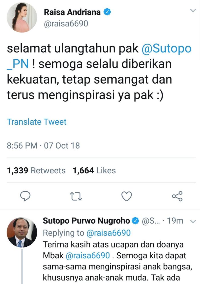ucapan selamat ulang tahun Sutopo dari Raisa