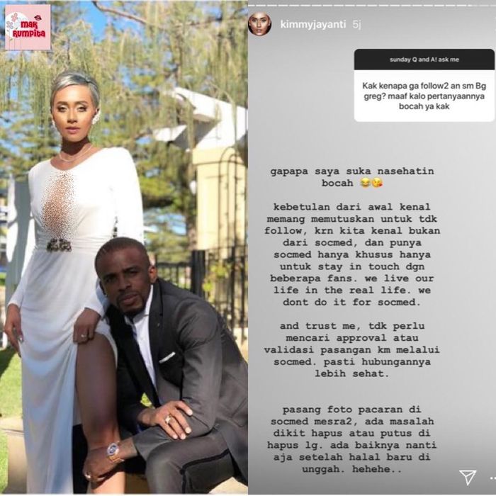 Kimmy Jayanti balas komentar netizen perihal tak follow akun media sosial suaminya.