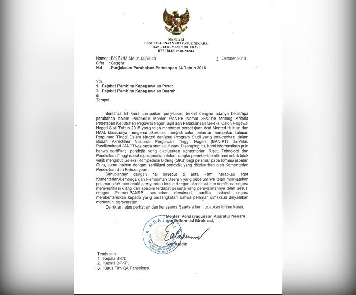 Surat Pemberitahuan Kemenpan RB mengenai perubahan syarat CPNS 2018 yang terkait dengan akreditasi