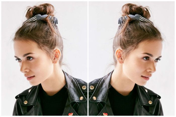 Gaya ikatan rambut model Top Knot menggunakan scrunchie hair