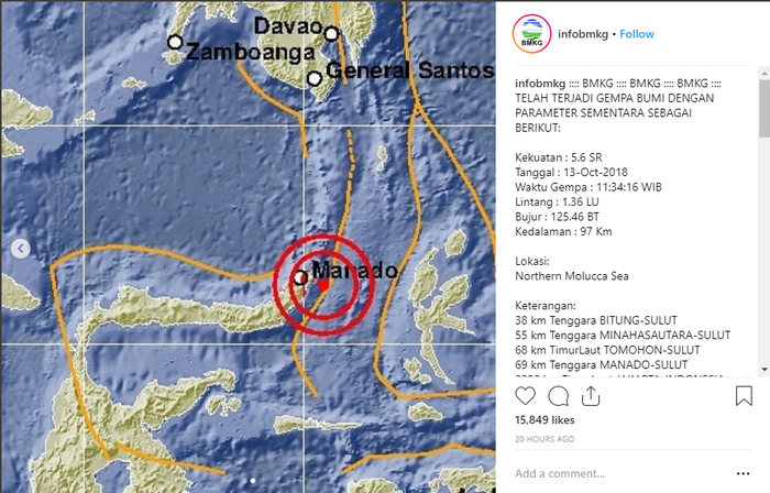 Gempa yang terjadi di Manado Sabtu 13 Oktober 2018