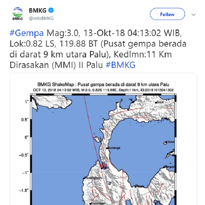 Gempa yang terjadi di Palu 13 Oktober 2018