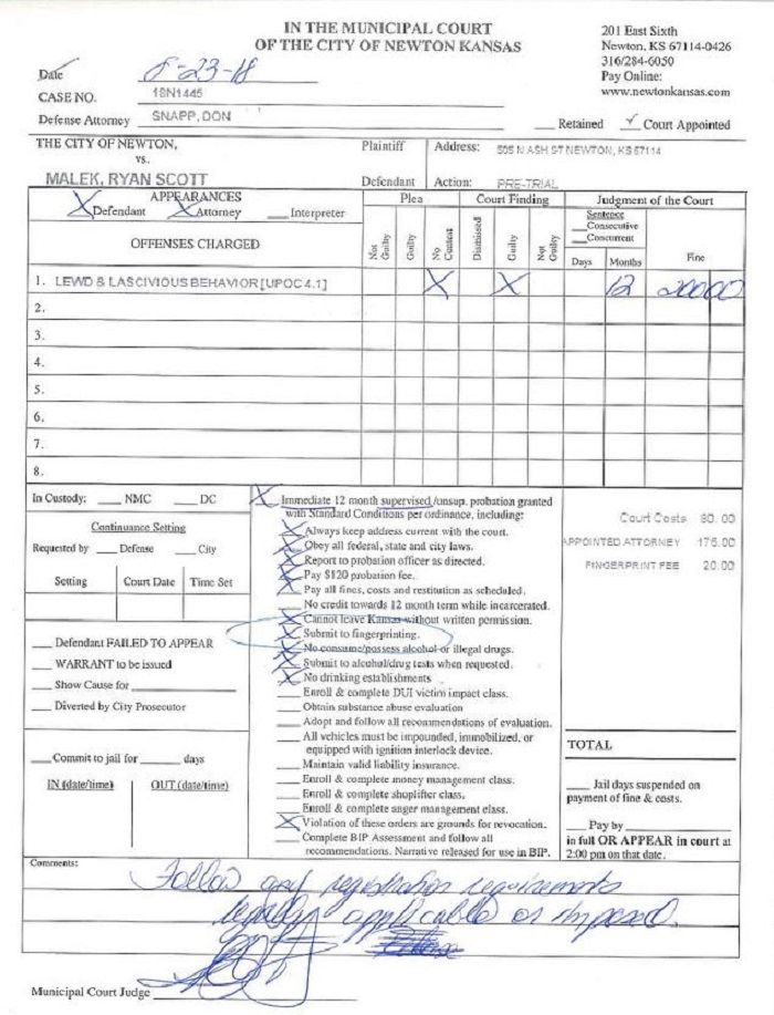 Malek dihukum satu tahun percobaan dan denda USD 200