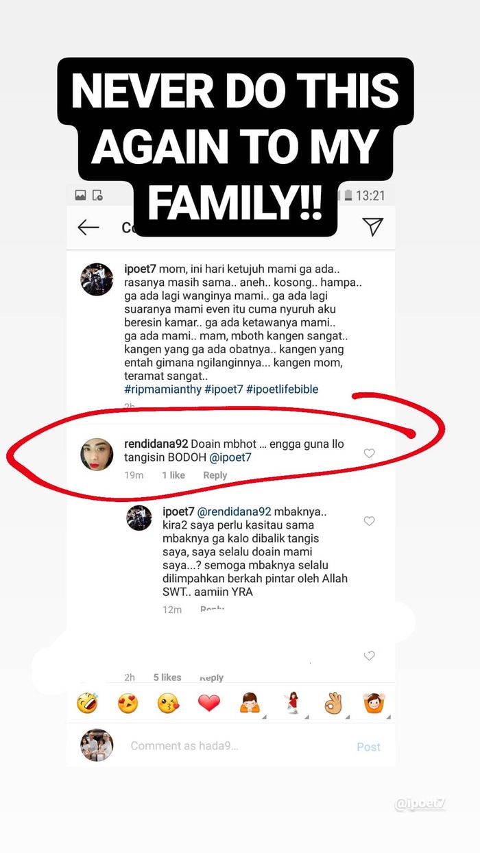 Seorang netizen berkomentar kasar di postingan Ipoet Kusumonegoro.