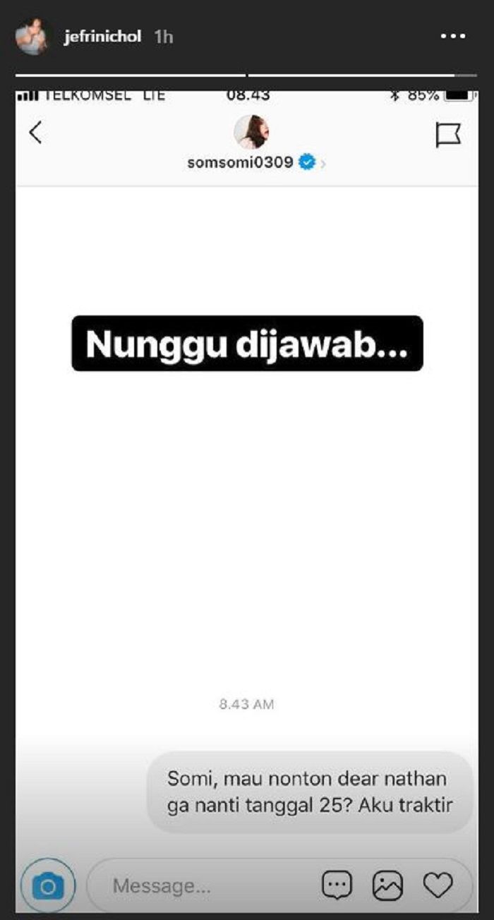 Jefri Nichol mengirimi pesan ke Somi I.O.I (Screenshot Instagram/jefrinichol)