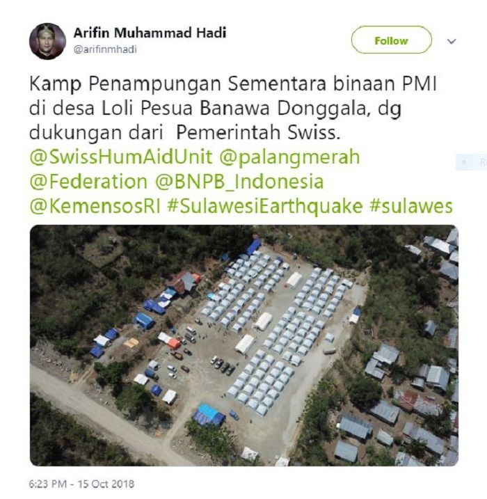 Potret bantuan masjid darurat dan hunian sementara dari Swiss untuk para korban gempa Palu dari negara Swiss