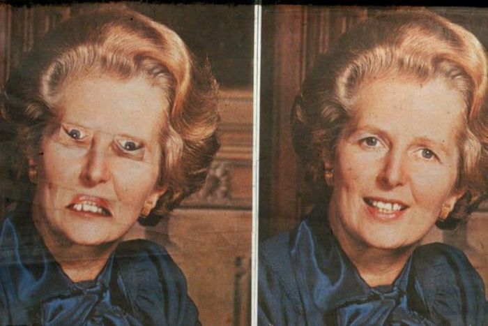 Foto Thatcher yang sudah dimodifikasi (kiri), foto Thatcher yang sebenarnya (kanan).(