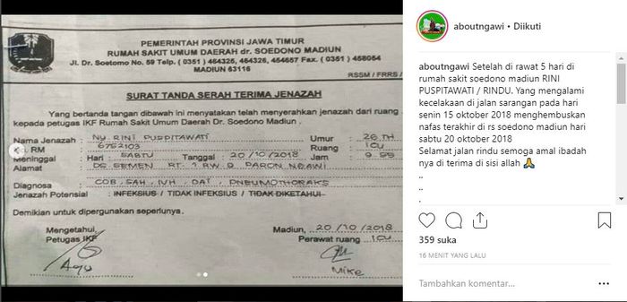 Unggahan @aboutngawi, surat tanda terima jenazah atas nama Rini Puspitawati dari pihak RSUD dr Soedono Madiun. Instagram/@aboutngawi

 