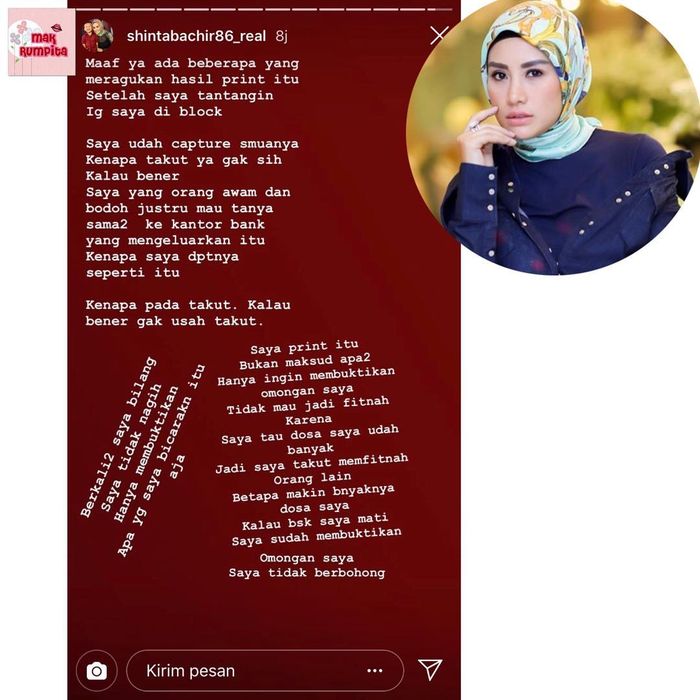 Unggahan Instagram Story Shinta Bachir yang direpost oleh akun gosip.
