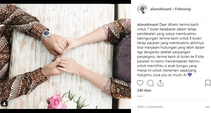 Ungkapan hati menantu Mat Solar instagram/aliansi kinanti