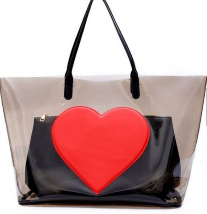 Tas Tote Bahu/Tangan Transparan Desain Love Hati Bahan PVC Dan Kulit
