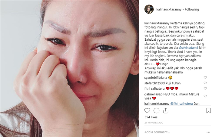 Kalina Ocktaranny unggah foto seraya menangis