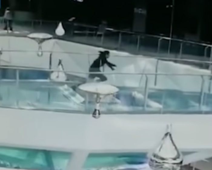 wanita yang tersandung terjatuh ke kolam hiu
