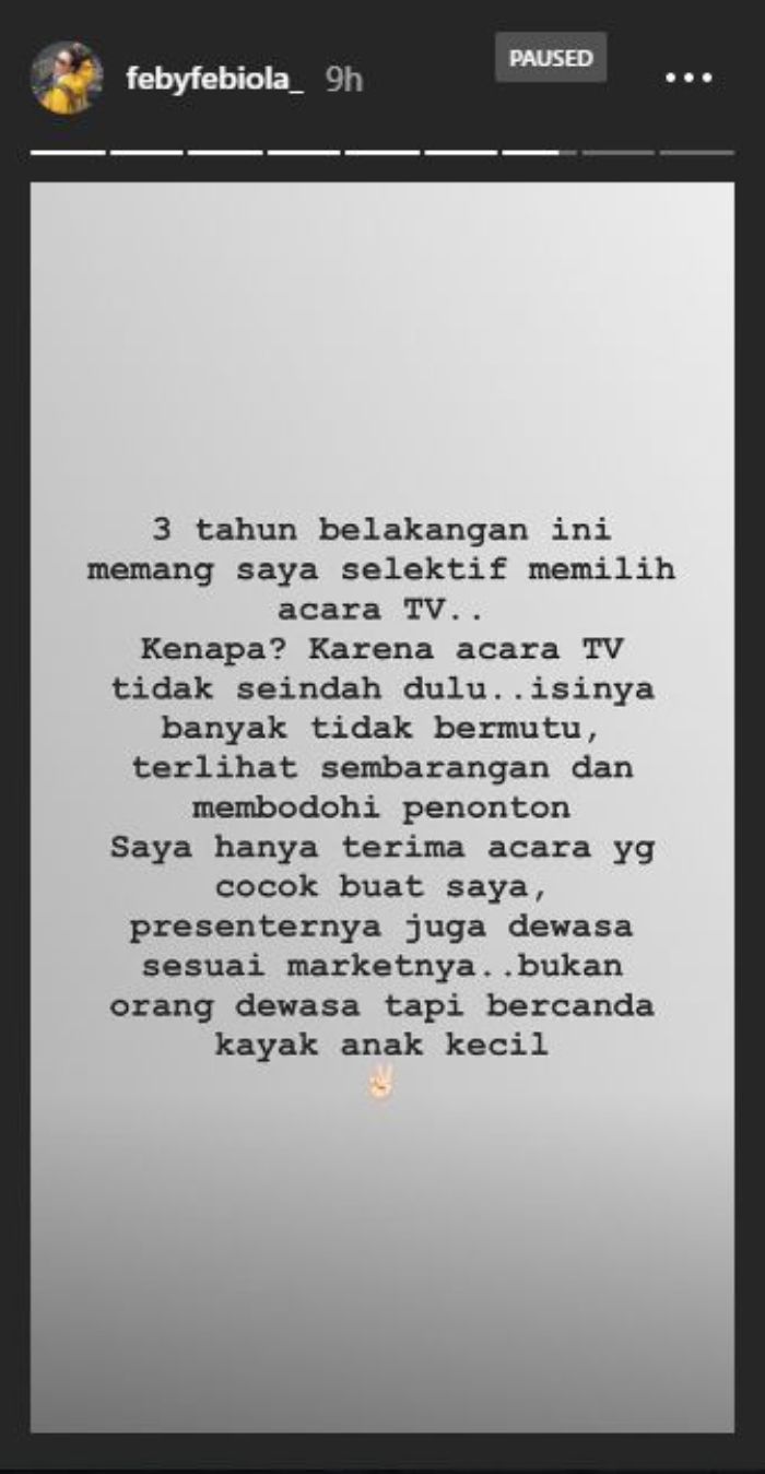 Unggahan Feby Febiola di Instagram Story pada Rabu 24 Oktober 2018