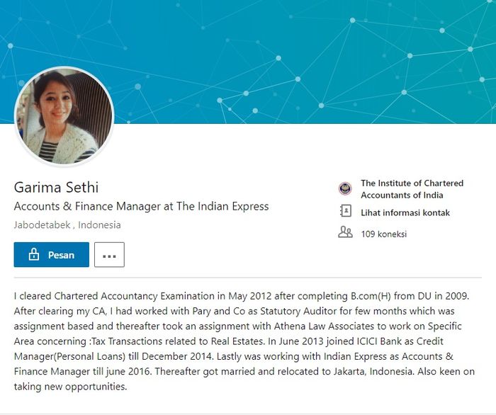Profil Linkedin Garima Sethi, istri Bhavye Suneja Pilot Lion Air JT610