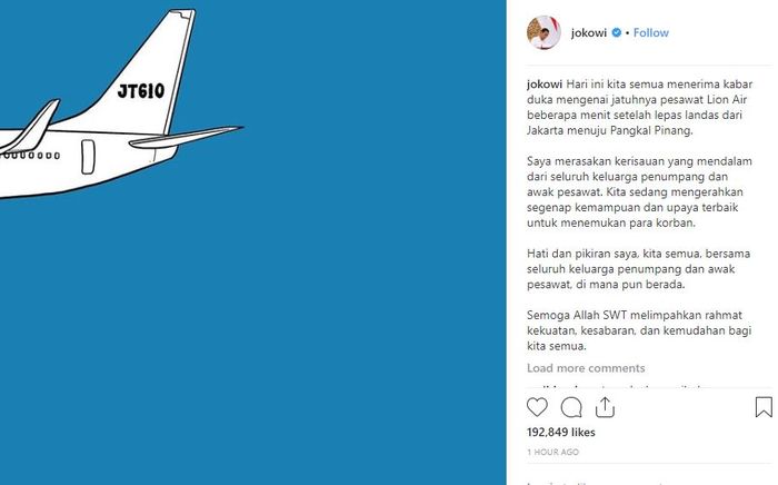Presiden Joko Widodo ungkapkan rasa duka cita yang mendalam atas jatuhnya pesawat Lion Air JT610