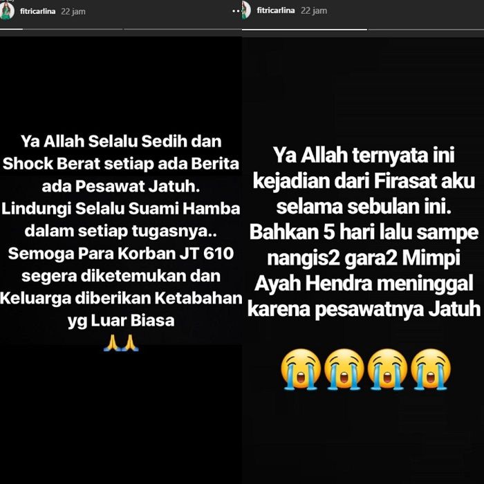 Ungkapan rasa sedih Fitri Carlina atas jatuhnya pesawat Lion Air JT610 Instagram/fitricarlina