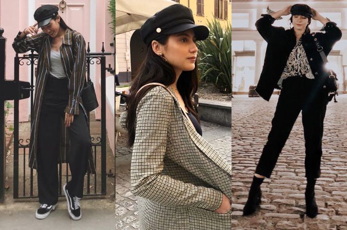 Alika Islamadina, Pevita Pearce dan Shaloom Razade sedang mengenakan topi fiddler